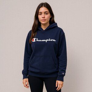 Champion Hoodie Blue Pullover Sweatshirt Size M | Unisex Fit | Logo Front